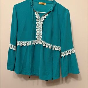 Teal Lace Trim Blouse